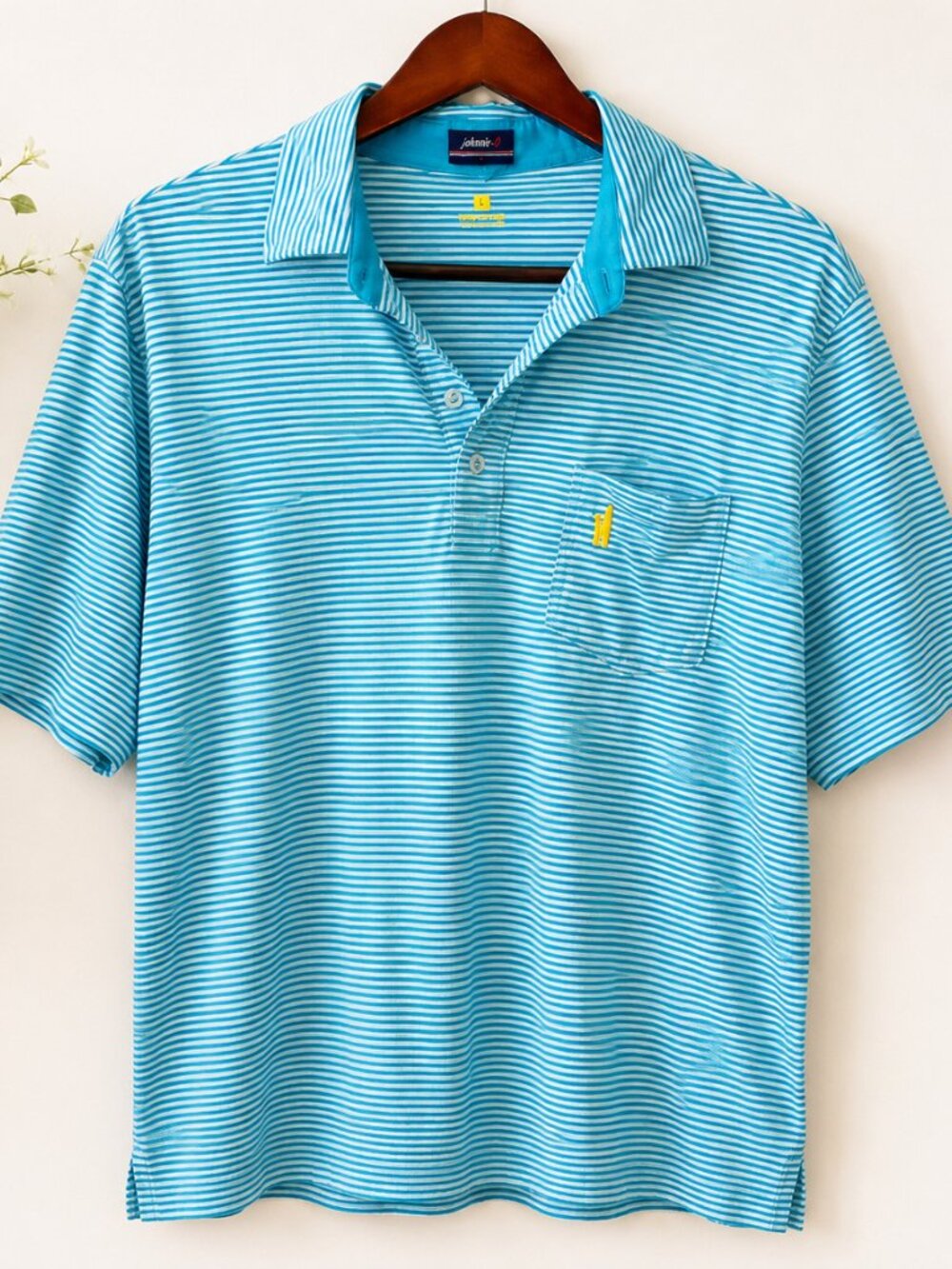 Johnnie-O Striped Performance Polo Shirt Blue Golf Country Club Logo Mens L